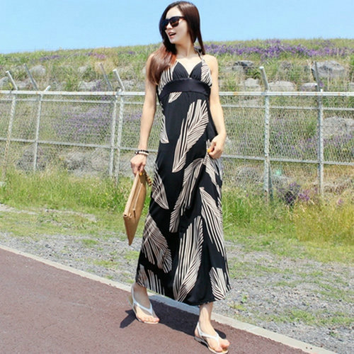 新款无袖波西米亚长裙树叶气质沙滩裙 挂脖性