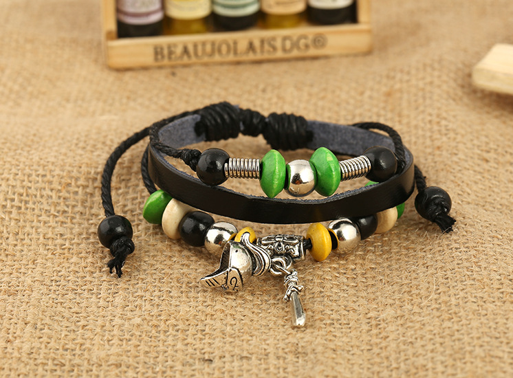 Fashion New Retro Men And Women Leather Bracelet Leather Beaded Bracelet Leather Bracelet display picture 1