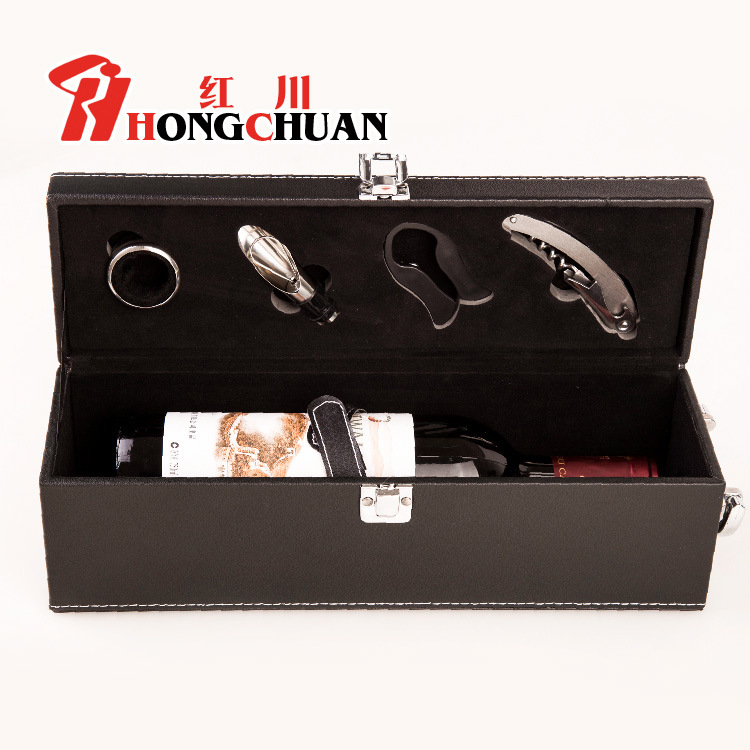 Juego de 4 piezas de cuero PU marrón: abridor de botellas, vertedor de vino, cuchillo de sommelier, cortador de papel, caja de regalo para vino, tapete para vino.
