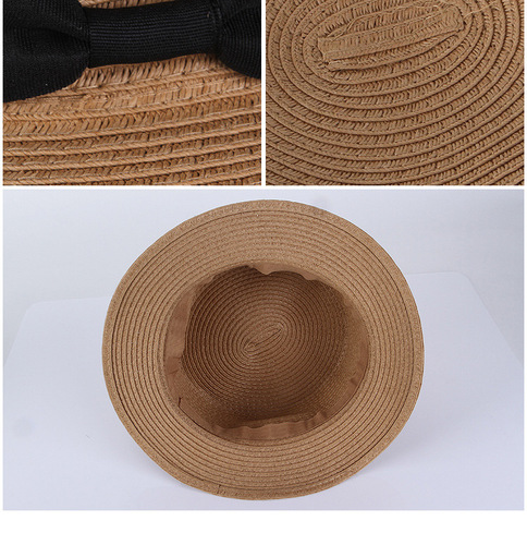 Korean-style round straw hat, sunshade beach hat, trendy summer hat with chili pepper bow, grass-woven flat top hat
