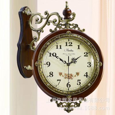 歐式實木雙面挂鍾 創意客廳仿古鍾表 靜音掃描電子鍾表石英鍾批發