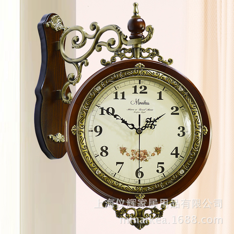 歐式實木雙面挂鍾 創意客廳仿古鍾表 靜音掃描電子鍾表石英鍾批發