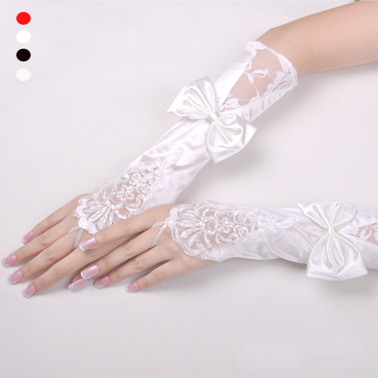 wholesale bride Wedding dress glove Fingerless Satin Lace Embroidery Satin bow Wedding celebration glove S021