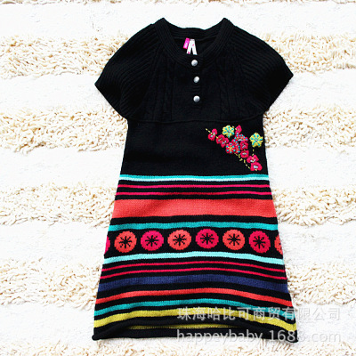 童裙2019秋冬新款外贸原单女童装套头针织衫精美手工绣花毛衣裙|ru