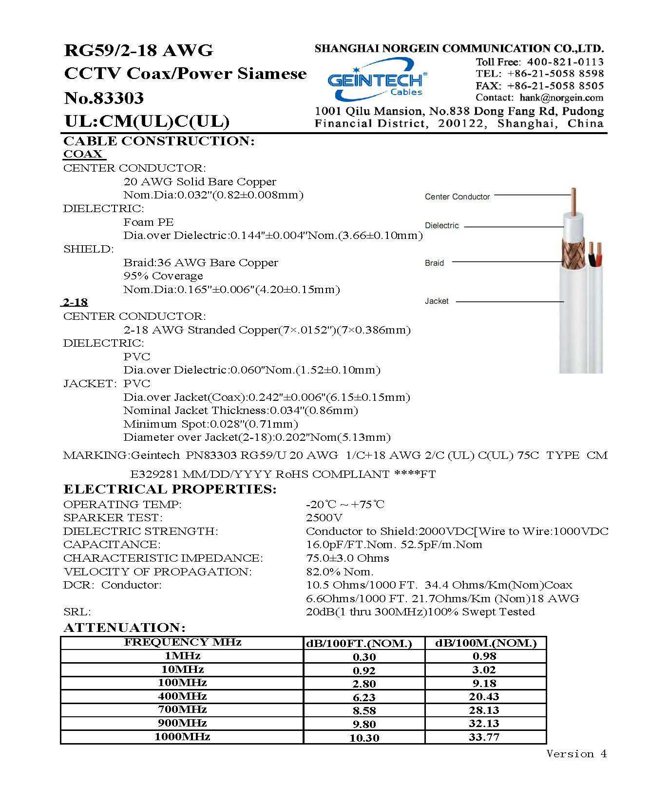 RG59/2-18 AWG CCTV Coax/Power Siamese No.83303 CM等级电缆