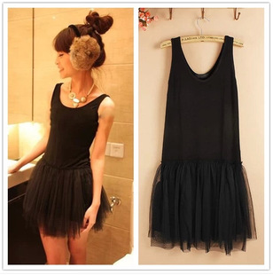 秋冬新款女百褶蓬蓬打底連衣裙莫代爾拼接網紗吊帶背心蕾絲裙批發