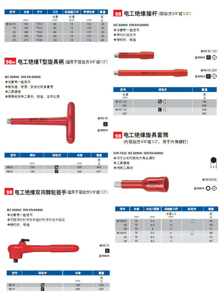 凯尼派克电工绝缘 T型旋具柄双向棘轮扳手接杆六角套筒旋具套筒