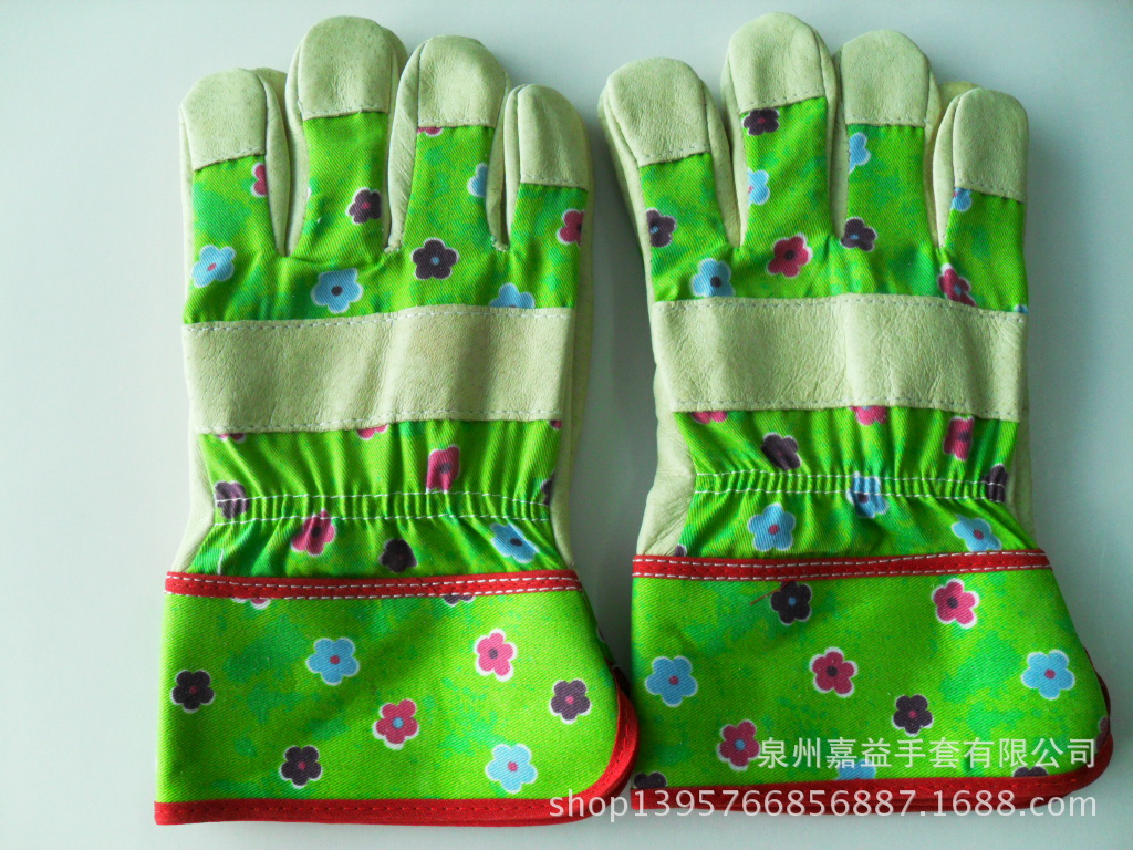 猪头层掌纱卡布背印花花园手套