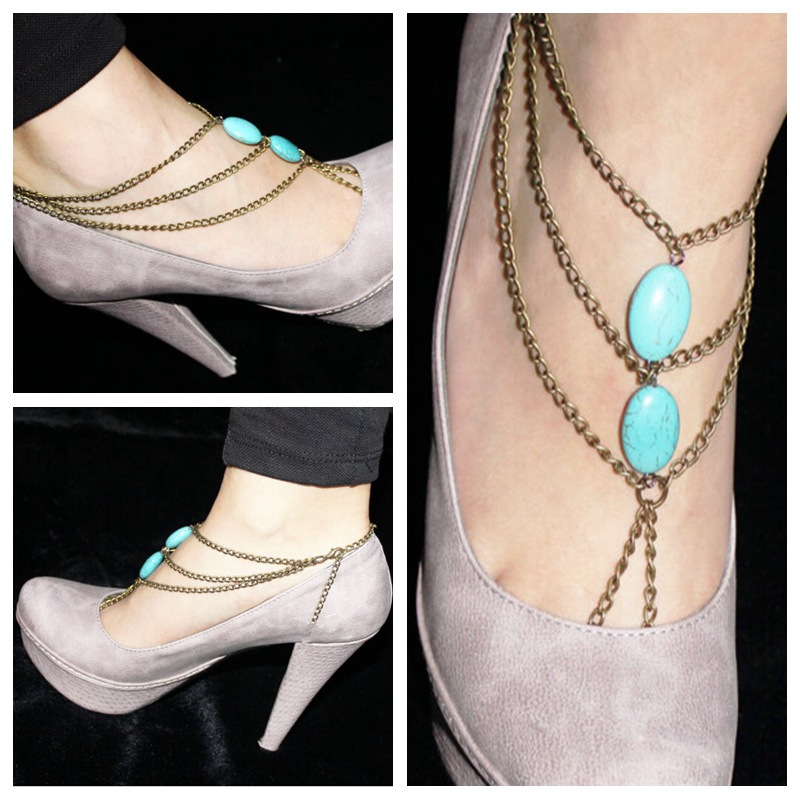 SL047厂家直销 欧美外贸时尚手工串珠松石脚链 多层流苏连趾脚链|ms