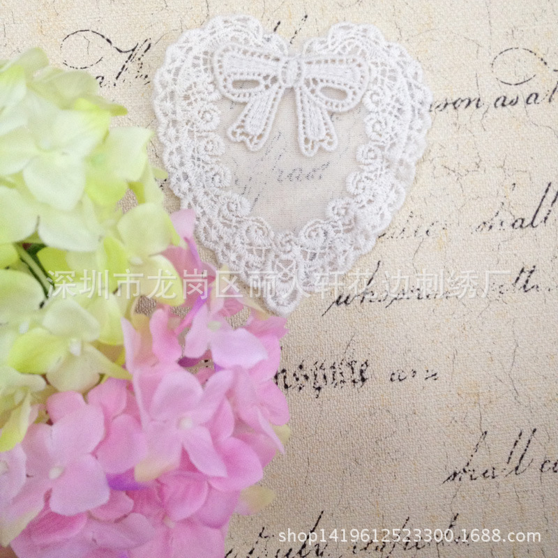 韩国风网纱棉线刺绣爱心布贴手账本心形装饰贴花服装口袋补丁贴