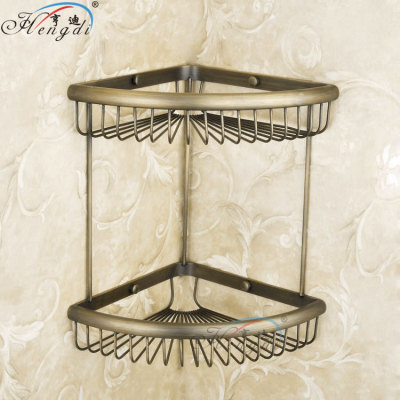 全銅仿古三角雙層網籃 三角籃 牆角銅籃置物架 歐式浴室衛生間
