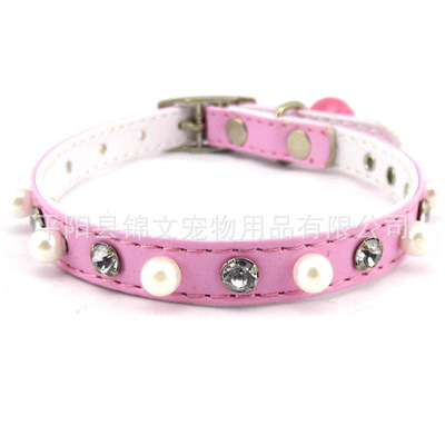 Cat collars Pearl Rhinestone Dogs Small bell Star who meow pu chokers  Cross border Specifically for Pet Supplies Cat chain