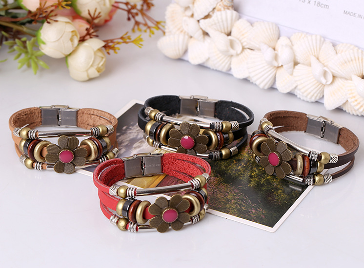 Hot selling beaded stainless steel buckle leather bracelet with adjustable length vintage handmade l