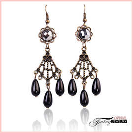 新款合金水滴复古耳环黑色形珍珠流苏义乌耳饰工厂现货批发E001