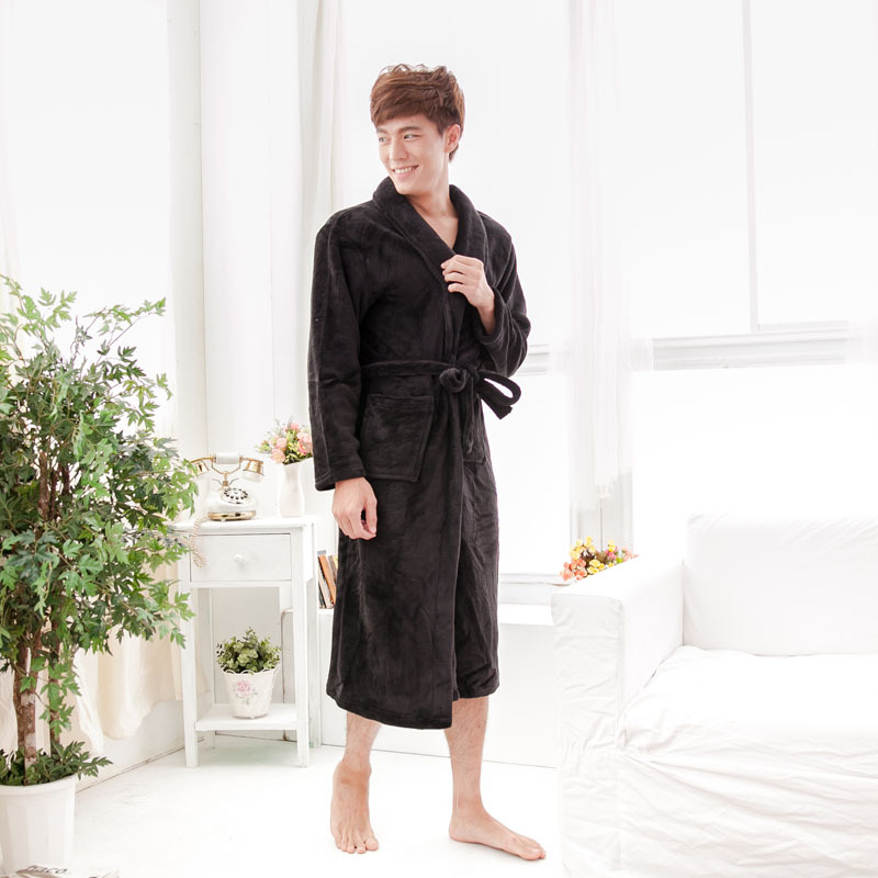 厂家直销秋冬季黑色超柔珊瑚绒长袖男士睡衣保暖加长款浴袍