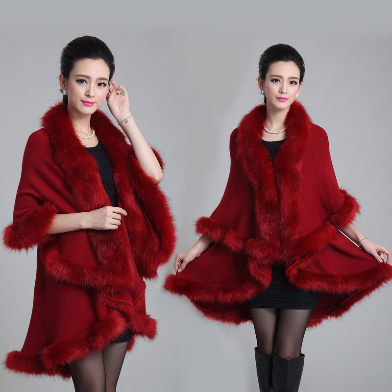 Classic Autumn and Winter European and American New Women's Elegant Large Size Knitted Double-Layer Cardigan Faux Fox Fur Cape