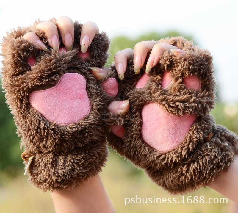 Cat Claw Gloves Winter Cute Cartoon Cat Girls' Open Finger Gloves Thickened Fluffy Bear Paw Half Finger Gloves