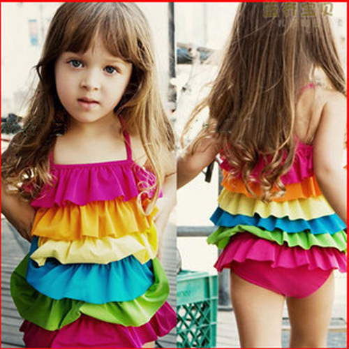 Wholesale Children's Swimwear, Girls' Hot Spring Swimsuit, One-Piece Striped Rainbow Strips, Small and Medium Children's Girls' Swimwear