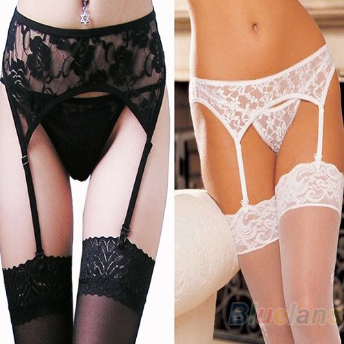 Lace Thong, Sexy Women's Stocking Clips, Black and White Sheer Three-Piece Set, Alluring