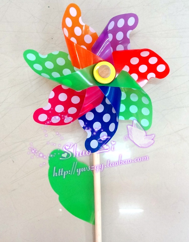 风车批发/厂家直销热卖款/24cm七彩圆点木杆风车|ru