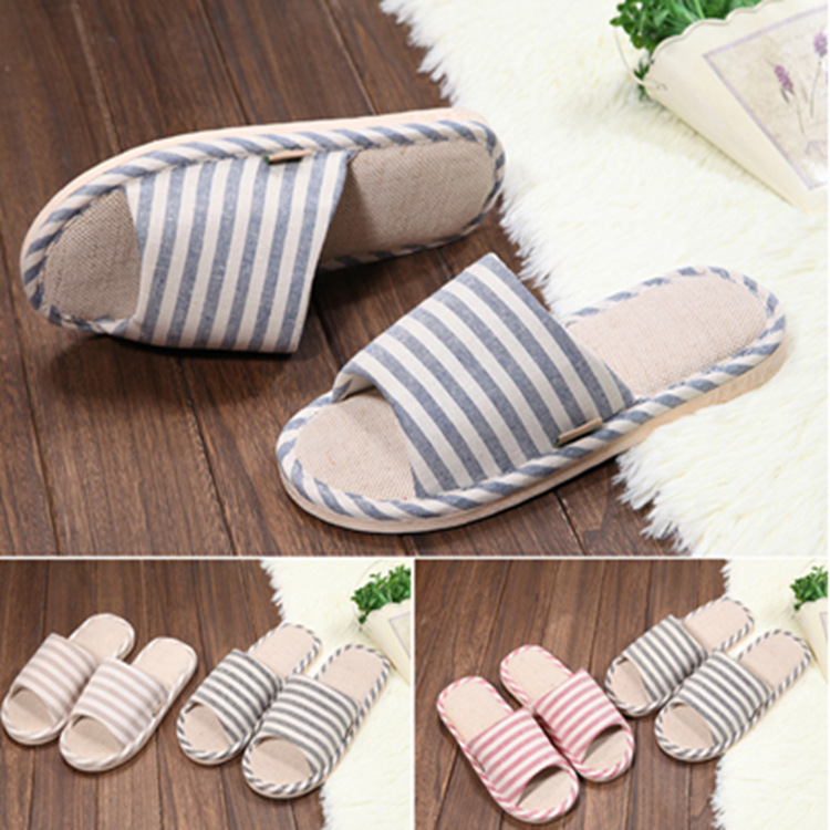 批发男女春夏秋冬季家居情侣时尚简约条纹亚麻棉室内地板防滑拖鞋|ru