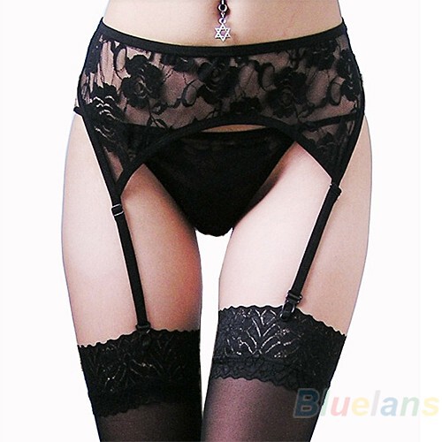 Lace Thong, Sexy Women's Stocking Clips, Black and White Sheer Three-Piece Set, Alluring