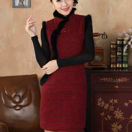 批发唐装旗袍 秋冬装新款复古改良格子羊毛呢兔毛领旗袍Y0031
