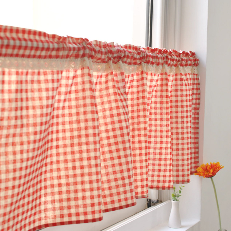 American country lace curtain bathroom half curtain door curtain kitchen curtain coffee curtain Japanese and Korean hot selling pink grid covering curtain