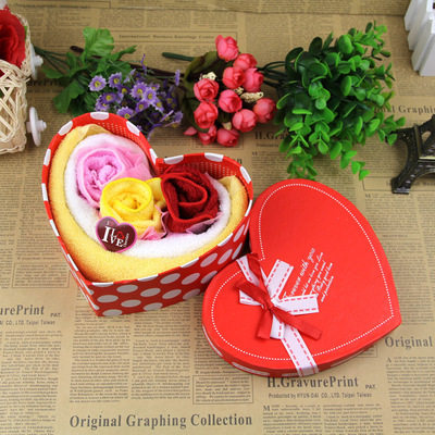 Three flowers heart-shaped rose Gift box Cake towel Lover festival Wedding celebration originality business affairs gift gift