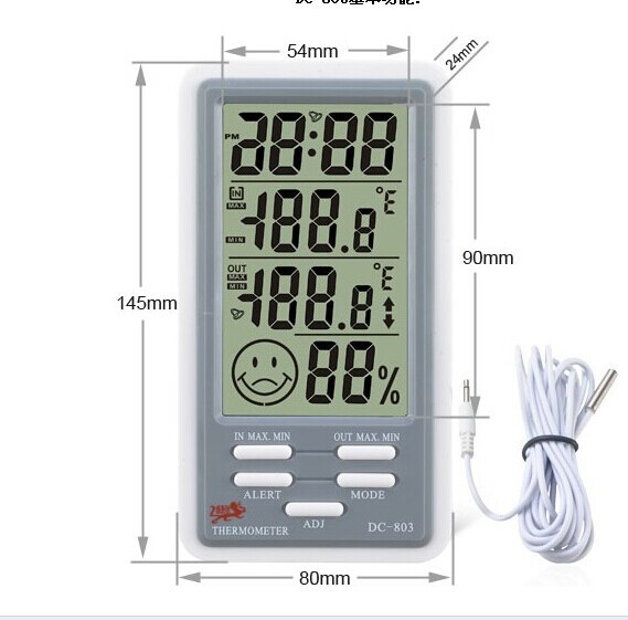 DC803 电子温湿度计 大屏显示室内室外温度表 带时间闹钟功能