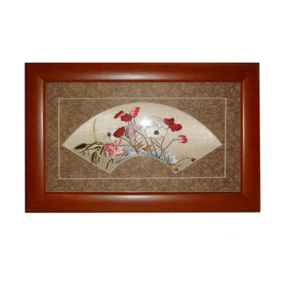 真丝手工单面刺绣虞美人小扇形工艺画 中国特色外宾字画现货供应|ms