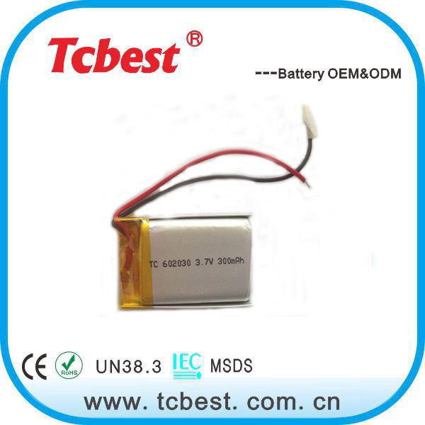 厂家供应 Tcbest 602030锂电池  300mah可充电聚合物电池蓝牙产品