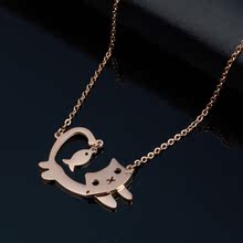 钛钢小猫女式项链批发，供应韩国流行饰品，厂价直批