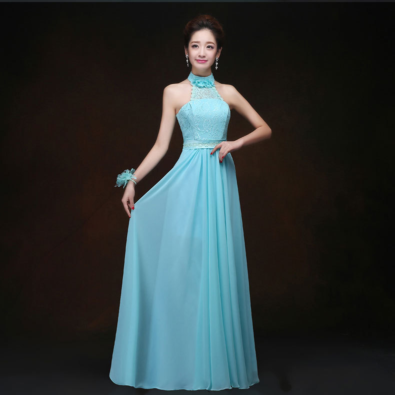 Aqua Bridesmaid dress long sister group blue evening wedding party dress  host model show dress banquet one shoulder