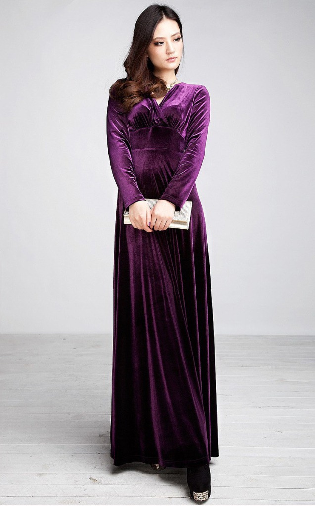 V-Neck Long-Sleeved Gold Velvet Long Dress NSYF47038