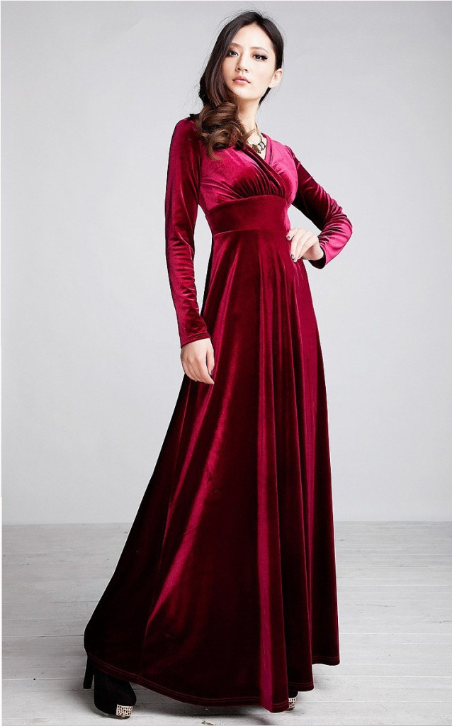 V-Neck Long-Sleeved Gold Velvet Long Dress NSYF47038