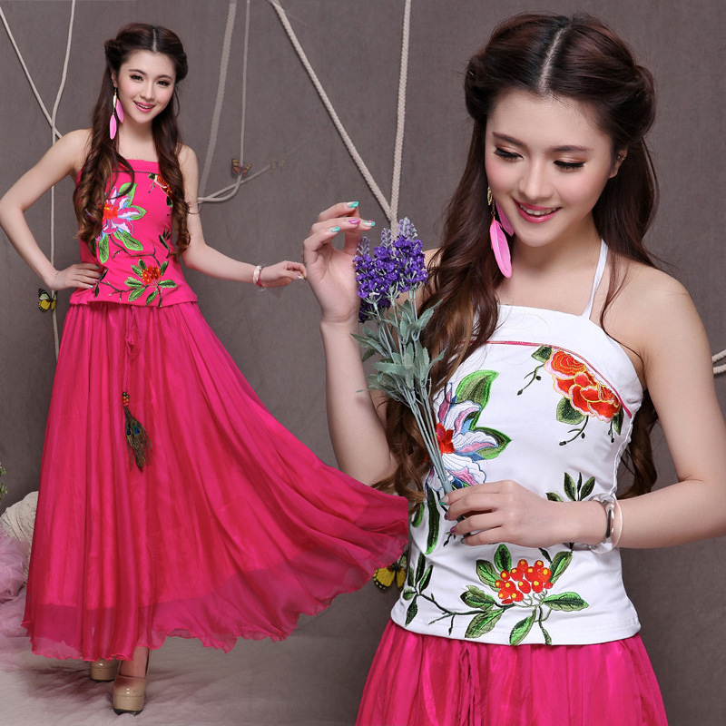 6768夏款 2014新款 民族风绣花女装系脖后背松紧带吊带 全棉T恤|ms