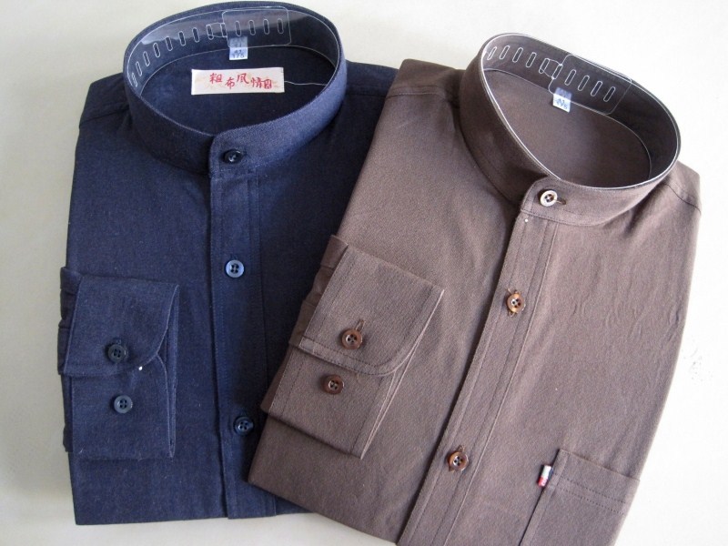 100% Solid Stand collar The old coarse cloth man shirt Long sleeve Boutique men's wear shirt Manufactor wholesale