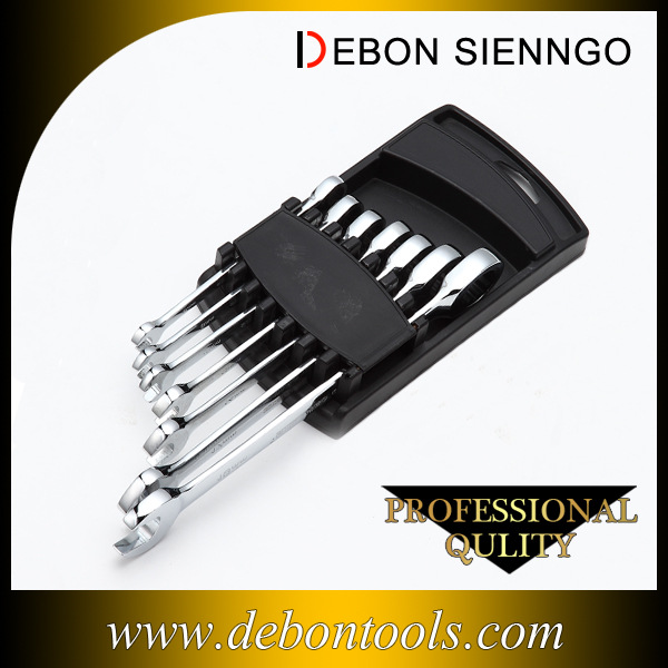 厂家供应铬钒钢镀铬高档棘轮扳手 7件套固定头棘轮扳手组套