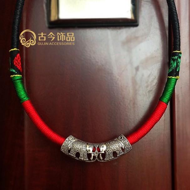 藏银两只大象 布艺项链 蜡绳 项圈 民族风饰品批发锁骨链项饰欧美|ms