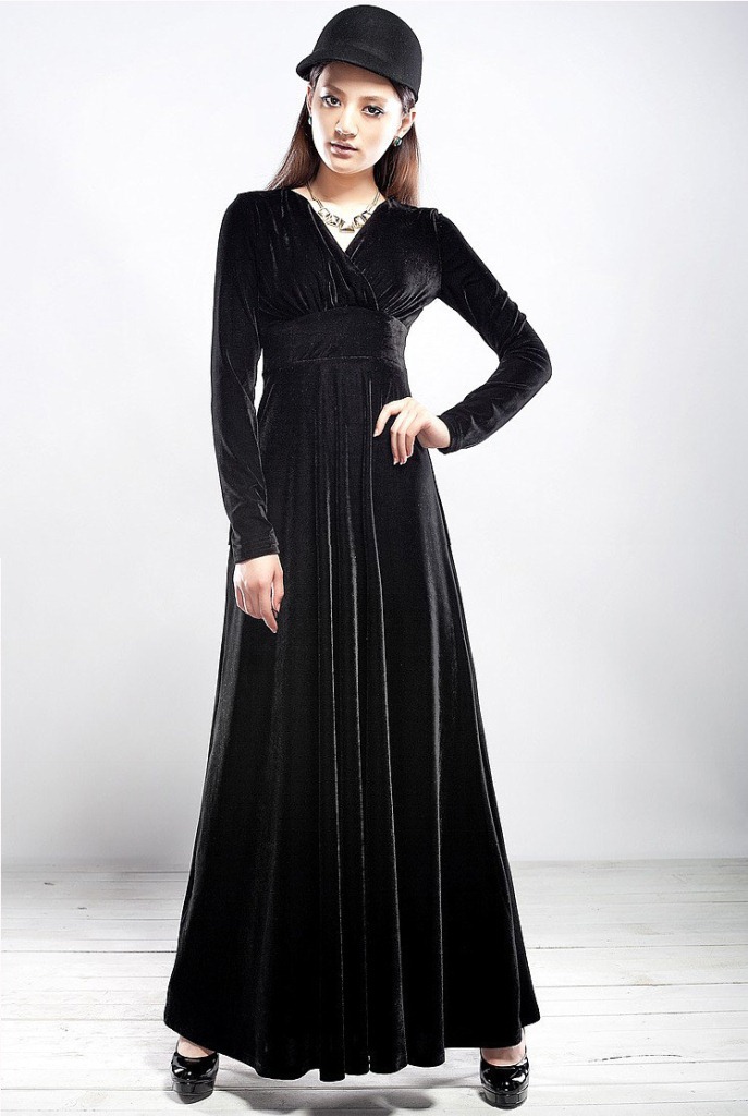 V-Neck Long-Sleeved Gold Velvet Long Dress NSYF47038