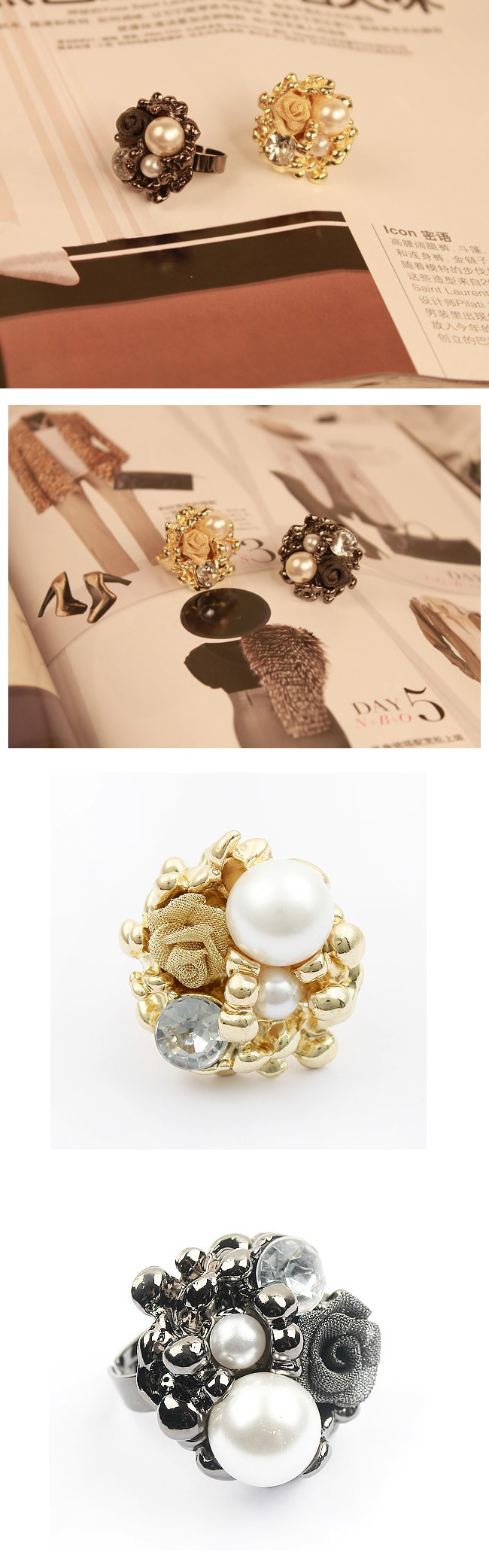 韓劇大小姐系列珍珠玫瑰花開口戒指指環1