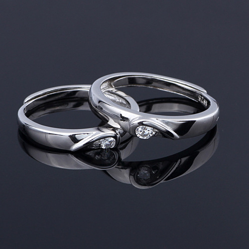 925 Pure Silver White Gold Plated Couple's Ring Korean Style Heart-Shaped Open Pair of Rings Supplier Wholesale