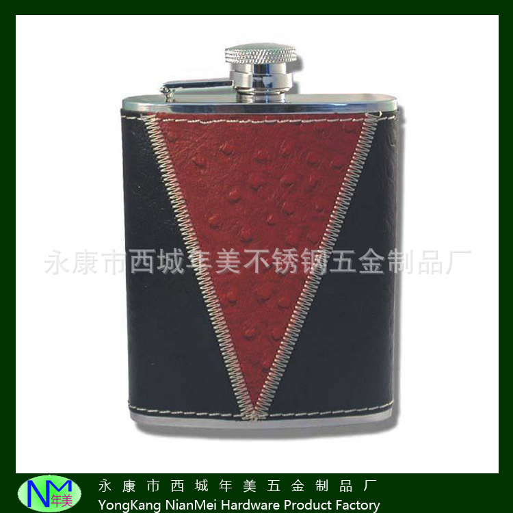 酒壶工厂直销6OZ优质车线PU皮包裹不锈钢酒壶