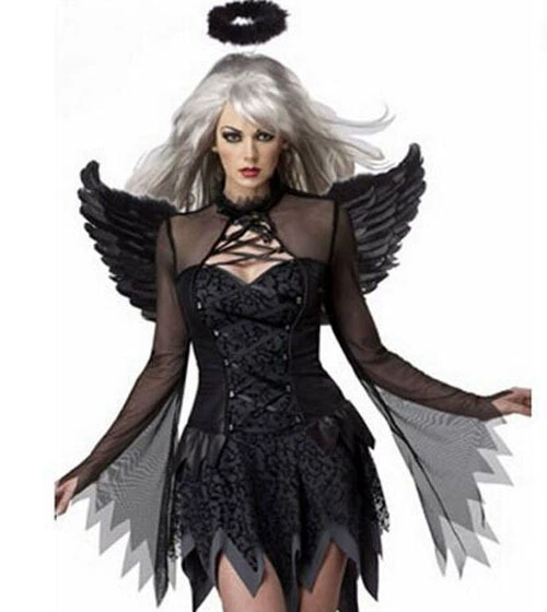 Dark Angel Halloween Costume (Women), Mesh & Milk Fabric Dress with Wings and Headpiece
