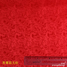 现货处理100D*150D 大红色玫瑰花婚礼喜庆装饰布料染色涤纶提花布