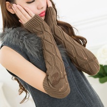 亚马逊冬保暖袖套半指 韩版时尚潮人长款斜纹菱形挑洞手套