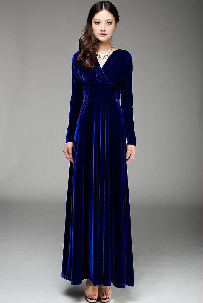 V-Neck Long-Sleeved Gold Velvet Long Dress NSYF47038