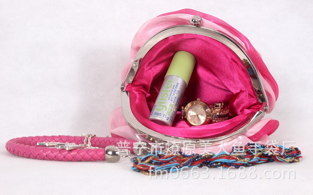 Túi clutch dạ tiệc hình hoa hồng 3D lụa hoa trà — Màu tím, Màu đen, Màu hồng, Màu xanh ngọc chi tiết 11