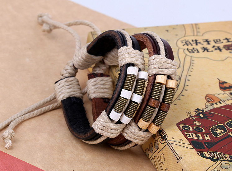 New style leather bracelet bronze spring wood beads leather bracelet wholesale woven bracelet retro 